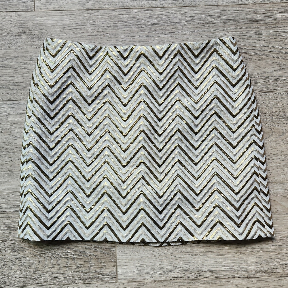 J Crew Gold Chevron Skirt Womens 4 Metallic Ivory Stripes Mini Party